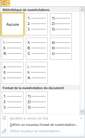 Choix d'une liste numérotée prédéfinie