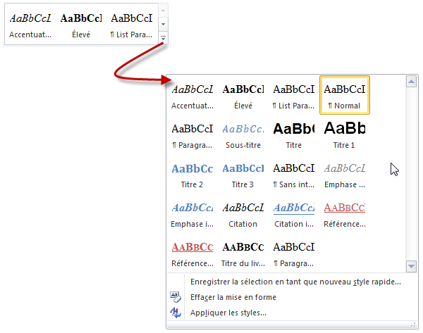 L'icône Autres donne accès aux autres styles