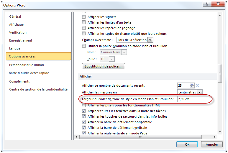 Définition de la largeur du volet de zone de style