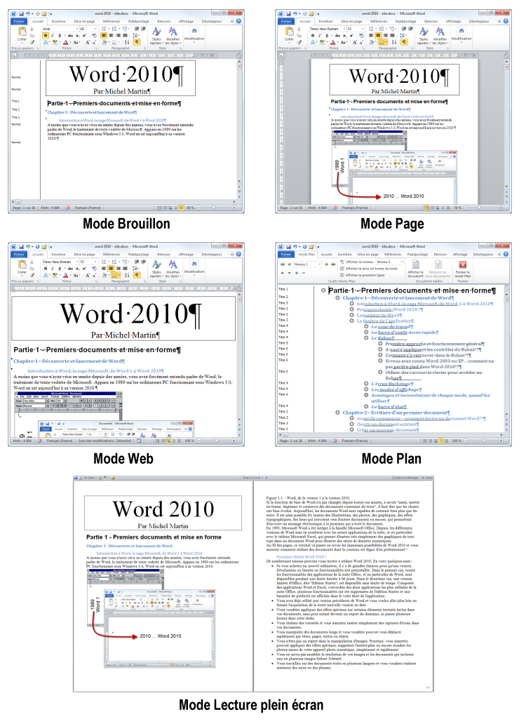 Le même document dans chacun des modes d'affichage de Word