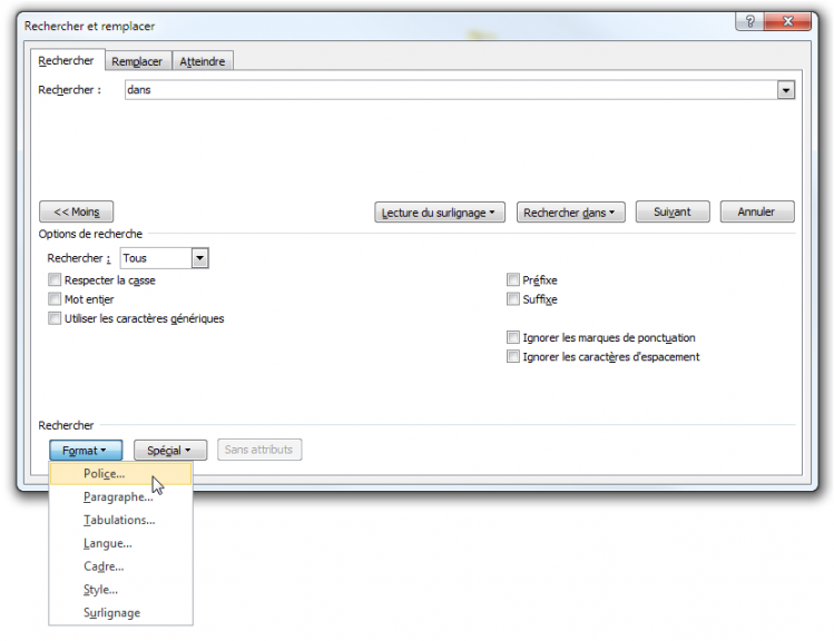 Le bouton Format donne accès à des options très intéressantes