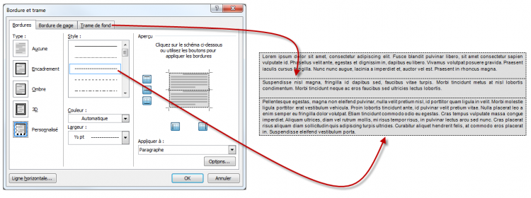 Définition plus poussée de la bordure et de la trame des paragraphes