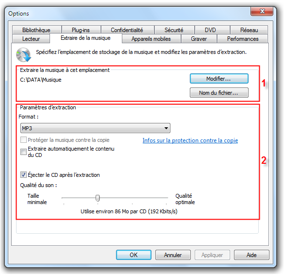 Options supplémentaires zones