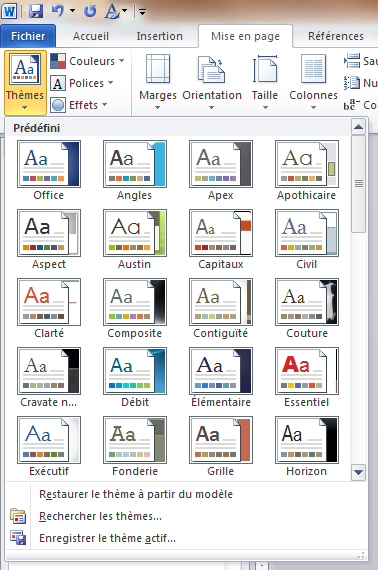 Accès aux différents thèmes proposés par Word