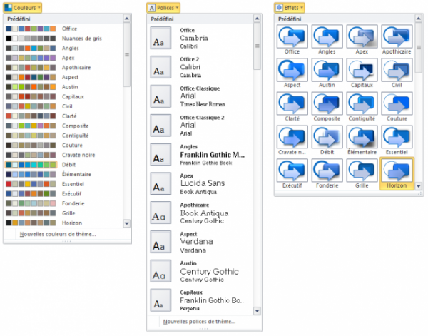 Ces trois icônes permettent de changer l'aspect du thème utilisé