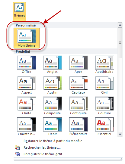 Le thème sauvegardé est directement accessible