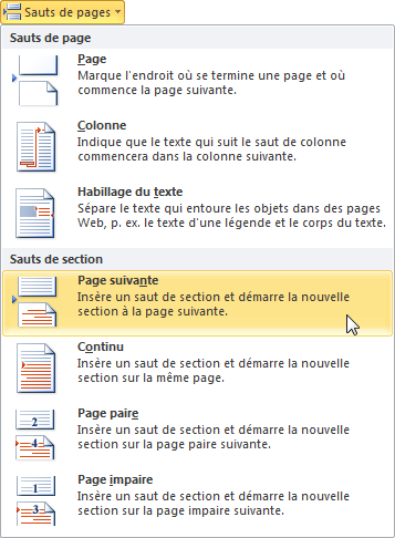 Les commandes disponibles sous l'icône Sauts de pages