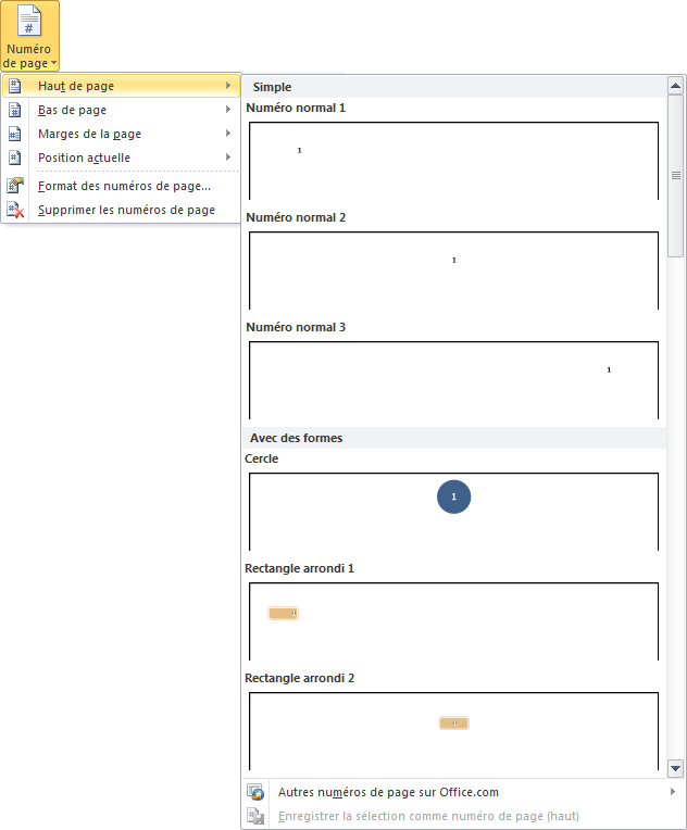 Numérotation des pages d'un document