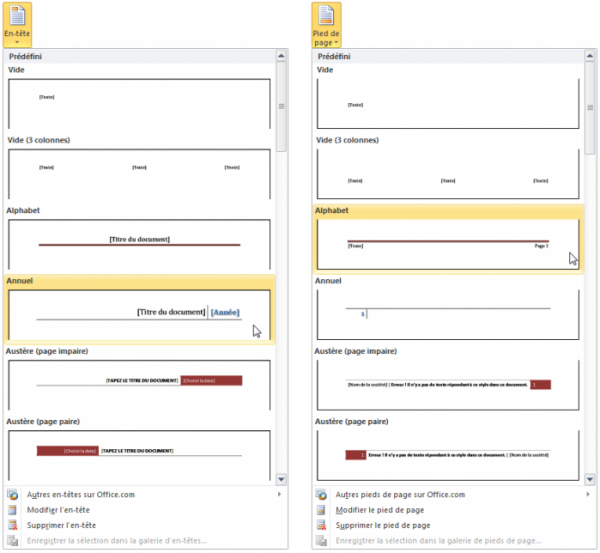 Ces deux icônes permettent de définir respectivement un en-tête et un pied de page