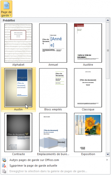 Les pages de garde sont accessibles directement depuis le menu