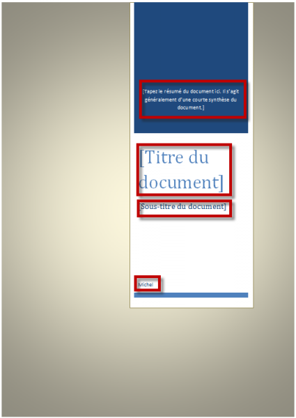 Personnalisation de la page de garde choisie