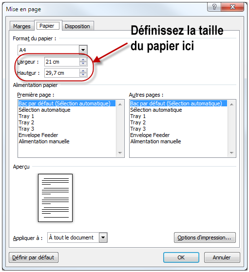 La taille du papier peut être personnalisée