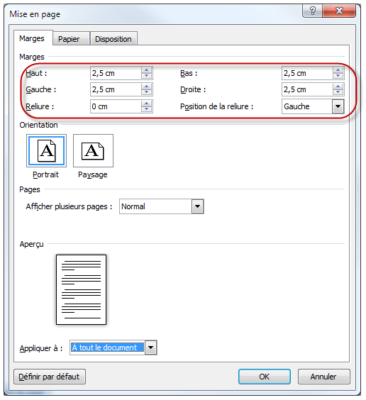 Personnalisation des marges du document