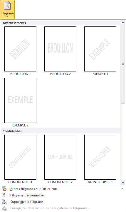 Choix d'un filigrane prédéfini