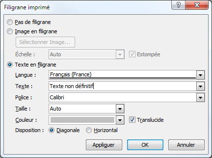 Cette boîte de dialogue permet de définir des filigranes personnalisés