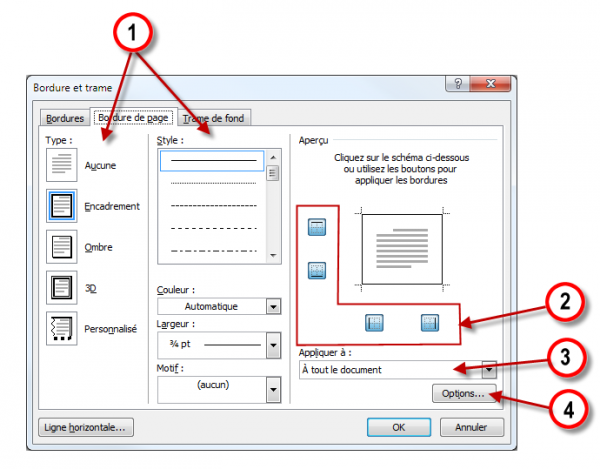 La boîte de dialogue Bordure et trame