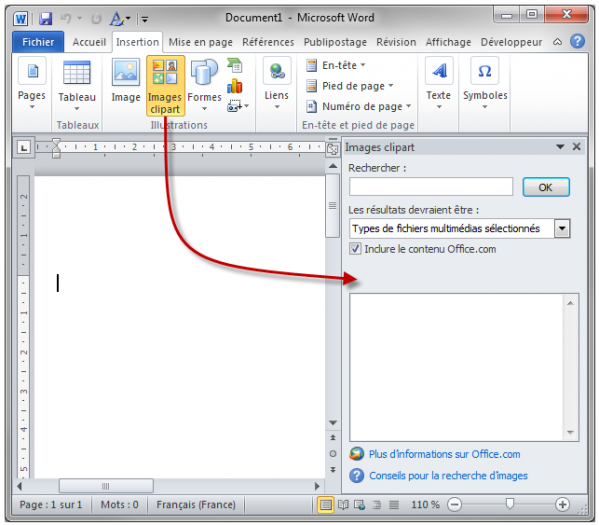 Le volet Images clipart est affiché à droite du document