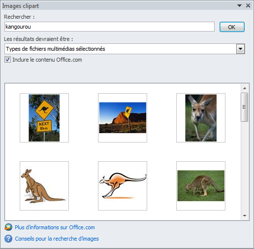 Les résultats apparaissent dans le volet Images clipart