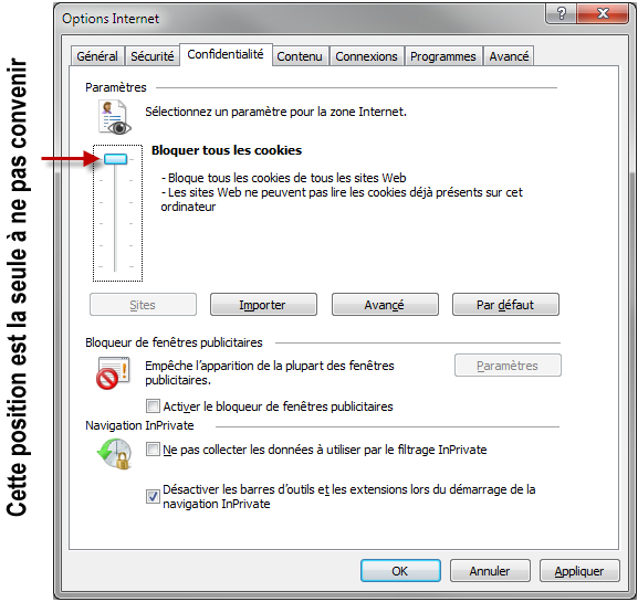 Dans cette position, le curseur bloque tous les cookies