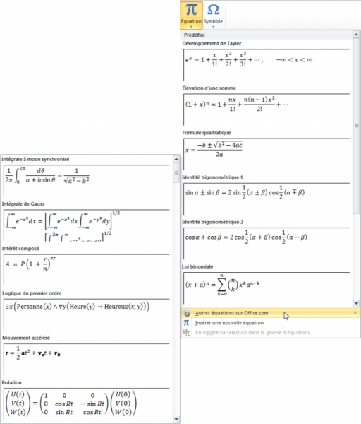 D'autres équations prédéfinies sont disponibles sur Office.com