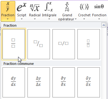 Insertion d'une fraction sur deux lignes
