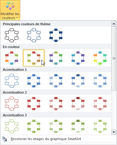 Choix d'un autre jeu de couleurs pour le graphique SmartArt