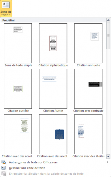 Quelques zones de texte prédéfinies sont accessibles sous l'icône Zone de texte