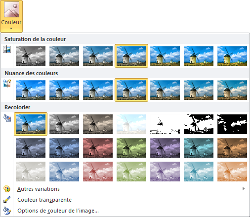 De nombreux effets de couleurs vous attendent sous l'icône Couleur