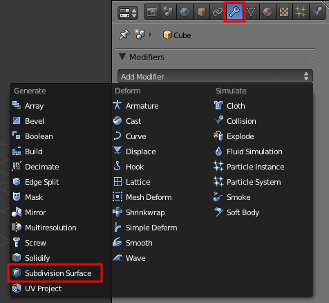 Choisir Subdivision Surface dans le menu des Modifiers