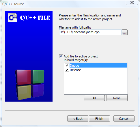 Sélection des options pour le fichier source