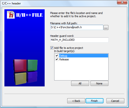 Sélection des options pour le fichier d'en-tête