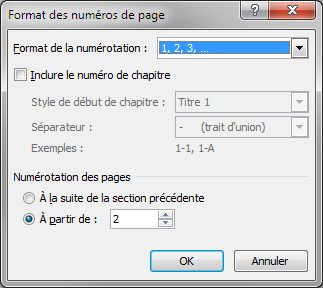 Choix du départ de la numérotation