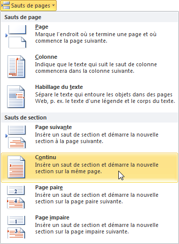 Insertion d'un saut de section continu