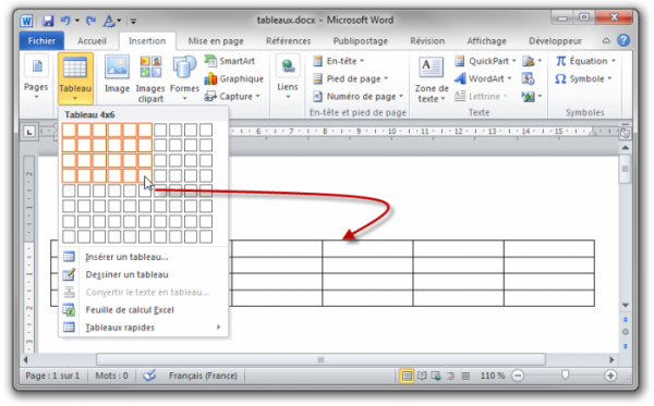 Insertion d'un tableau dans le document