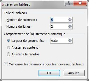 Un tableau peut également être défini avec la boîte de dialogue Insérer un tableau