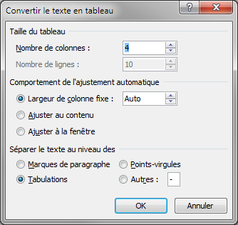 La boîte de dialogue Convertir le texte en tableau