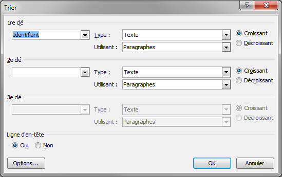 La boîte de dialogue Trier