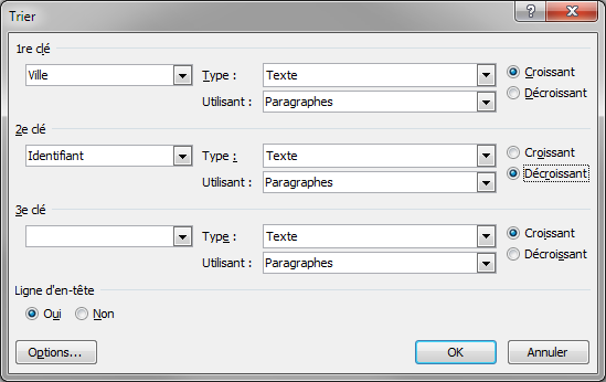 Ce paramétrage va lancer un double tri