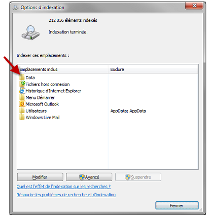 Le dossier Data est indexé