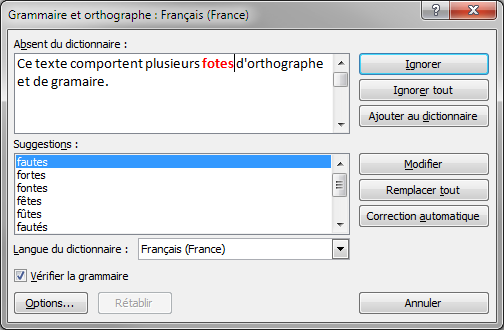 Un mot mal orthographié a été trouvé par Word