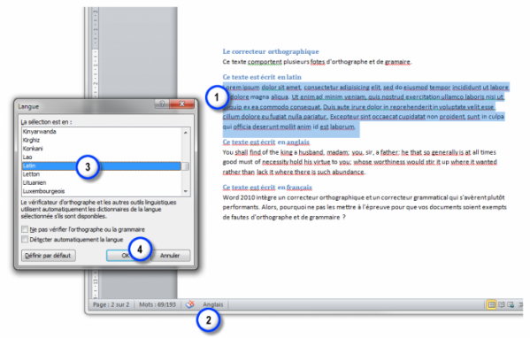 Aidez Word à identifier les différentes langues utilisées