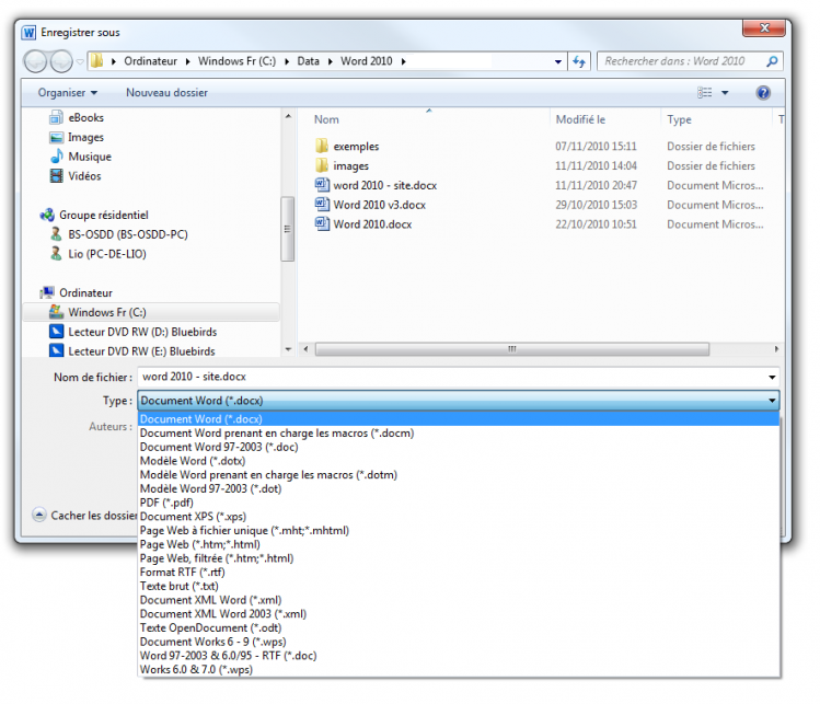 De nombreux formats de documents sont proposés par Word