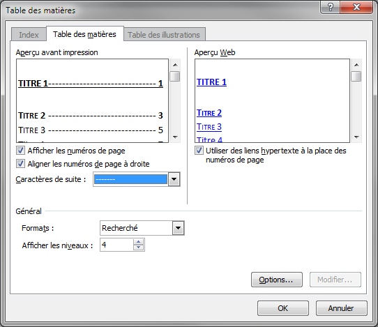Un exemple de table des matières