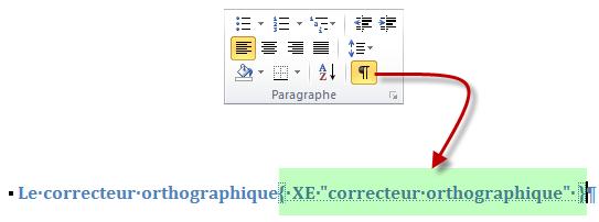 L'icône Afficher tout révèle l'entrée d'index