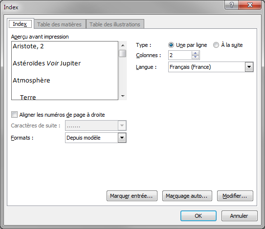 La boîte de dialogue Index