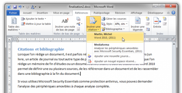 Une citation est sur le point d'être insérée