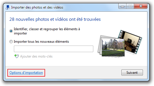 Lien Options d'importation