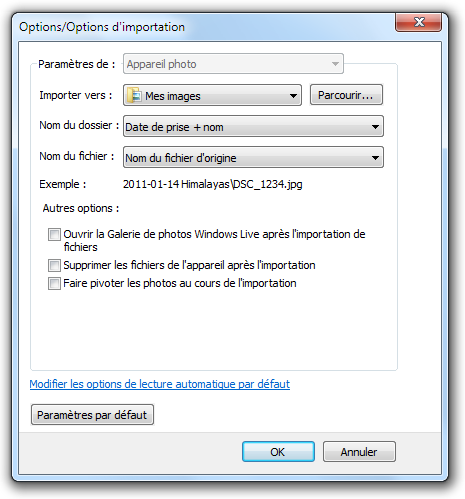 Options d'importation