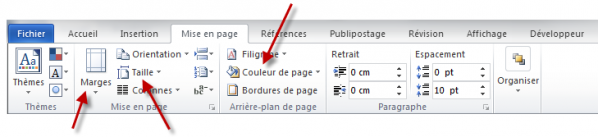 L'onglet Mise en page permet de définir les caractéristiques du document