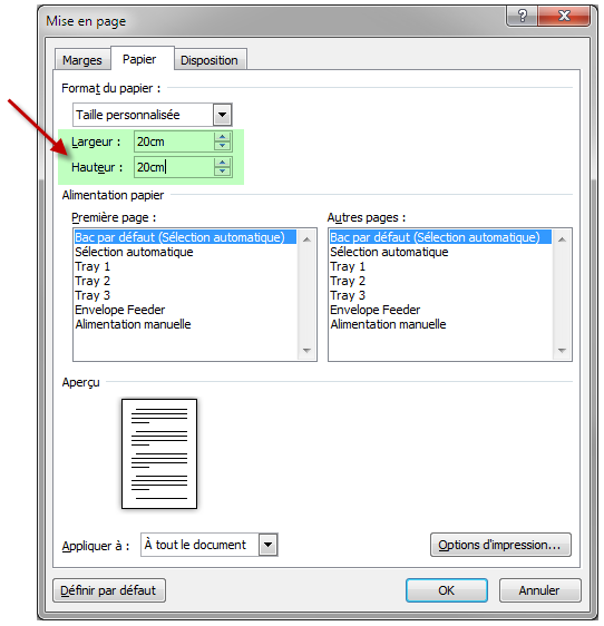 Définition des dimensions des pages